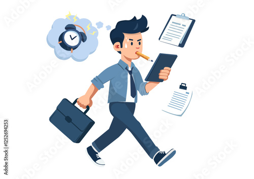 Flat illustration. tired businessman He looked at the schedule. with a deadline alarm clock ringing above