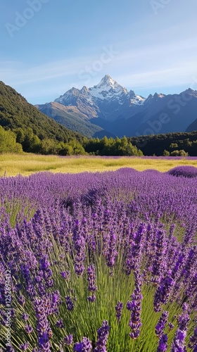 Lavender fields bloom under mountain backdrop in the golden hour sunlight