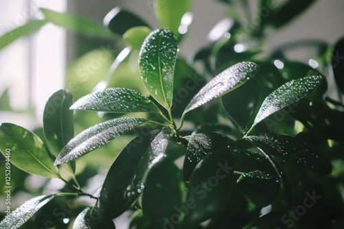 Lush green leaves with water droplets reflecting sunlight in a cozy indoor se...
