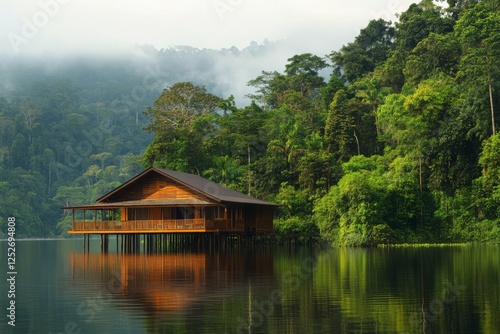 Cozy log cabin by the serene lake surrounded by lush evergreens during a calm...