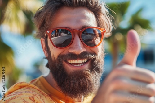 Man with a big beard in sunglasses gives thumbs up outdoors during daytime