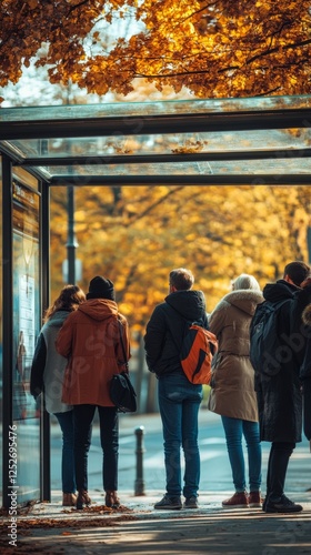 Busy bus stop with pedestrians waiting in autumn setting in a city during aft...