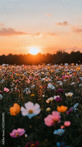 Colorful wildflower field at sunset with vibrant blooms and a picturesque sky