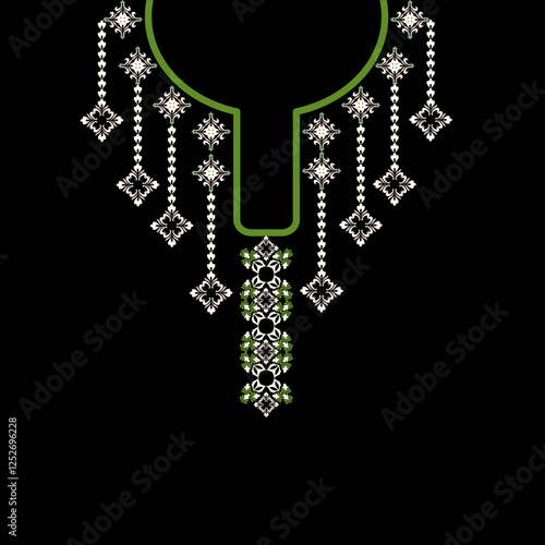 Green and white embroidery, vector illustration of a necklace on a black background. Boho style. Bohemian style. Design for shirt pattern, collar, neckline, and bead decoration.