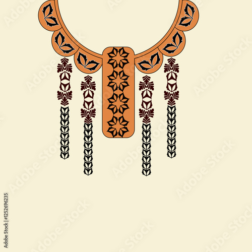 Orange and brown damask embroidery necklace. Vector element on a black background. Design for shirt pattern, lace, collar, and bead decoration.