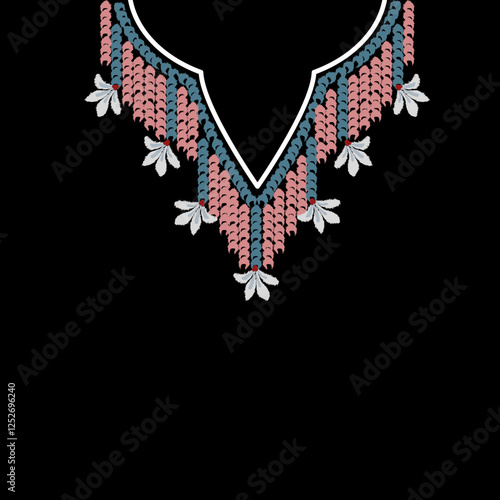Pink and blue embroidery, vector illustration of a necklace on a black background. Boho style. Bohemian style. Design for shirt pattern, collar, neckline, and bead decoration.