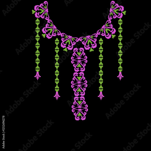 Pink and green ikat embroidery necklace. Vector element on a black background. Design for shirt pattern, lace, collar, and bead decoration.