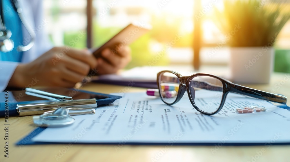 Doctor reviewing patient files on tablet, office background Doctor reviewing patient files on tablet, office background