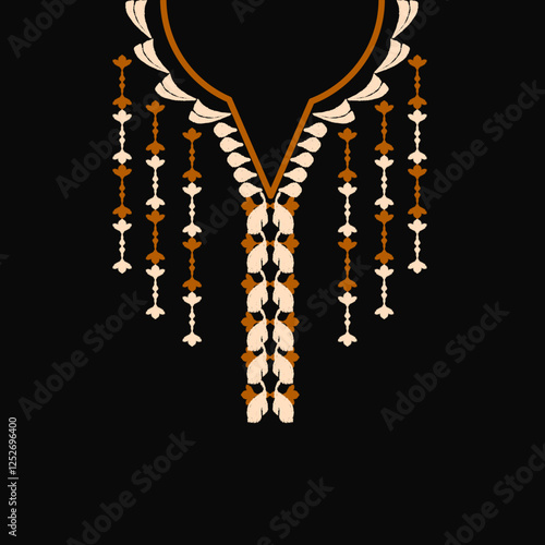 Orange and cream vector illustration of a necklace on a black background. Boho style.
Design for shirt pattern, collar, neckline, and bead decoration.