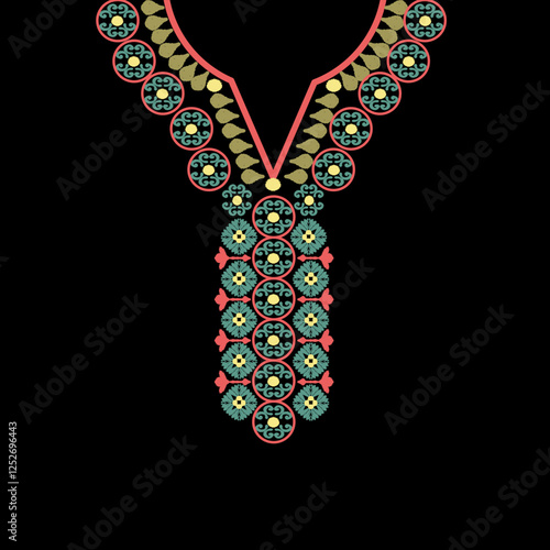 Orange, green, and yellow ethnic bohemian-style necklaces. Embroidery pattern on a black background. Vector element for design shirt pattern, lace, collar, bead decoration.