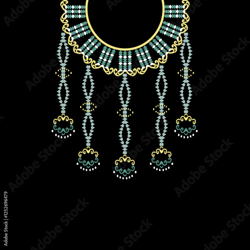 Necklace with green and yellow precious stones. Vector illustration on black background. Design for shirt pattern, collar, neckline, and bead decoration.