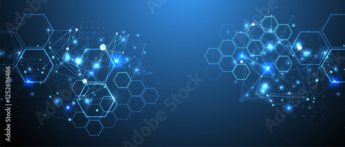 Abstract scientific vector background. Interweaving on a dark blue gradient of hexagons of different shapes with a plexus effect.