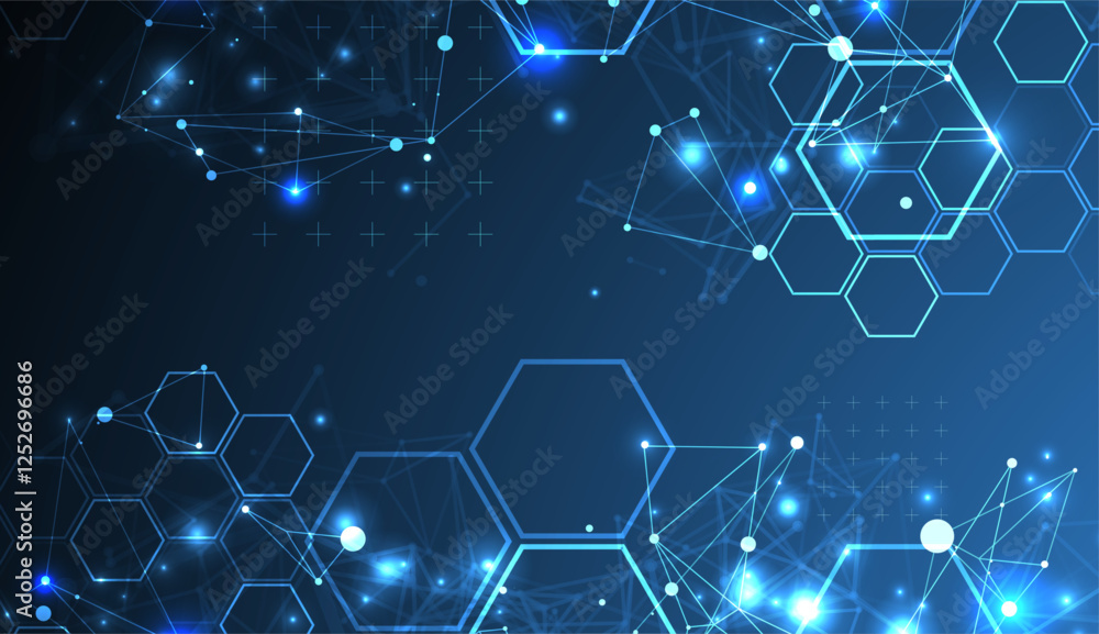 Abstract scientific vector background. Interweaving on a dark blue gradient of hexagons of different shapes with a plexus effect. Abstract scientific vector background. Interweaving on a dark blue gradient of hexagons of different shapes with a plexus effect.