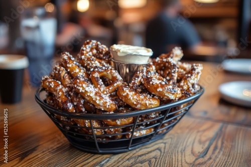 Warm baked pretzels served in a woven basket at a cozy restaurant setting