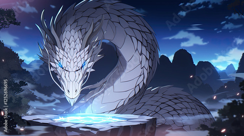 White dragon with blue eyes curled around a glowing orb in a fantasy landscape depicting an anime-inspired dragon illustration photo