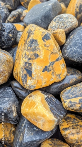 Beautiful array of unique black and yellow stones found along a rocky shoreline