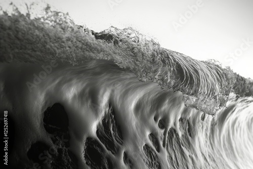 Surging wave curled over with dramatic texture in black and white photography