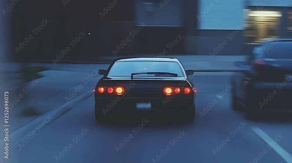 Fototapeta premium Sleek and modern sports car zooming through the blurred cityscape at night its taillights and headlights creating a sense of speed and power as it races down the urban roads
