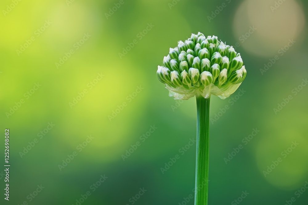 Unopened flower bud with green stem against blurred green background Unopened flower bud with green stem against blurred green background