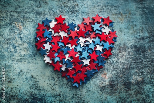 Colorful star-shaped decorations arranged in heart shape on blue background f...