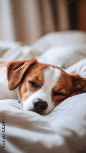 Dog peacefully resting on a cozy bed by the window during a calm afternoon