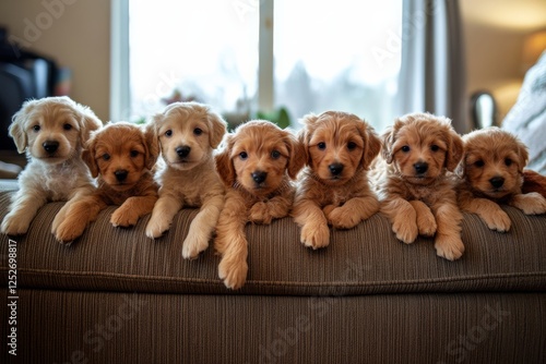 Cute puppies lounging together on a cozy sofa near a window in a warm living ...