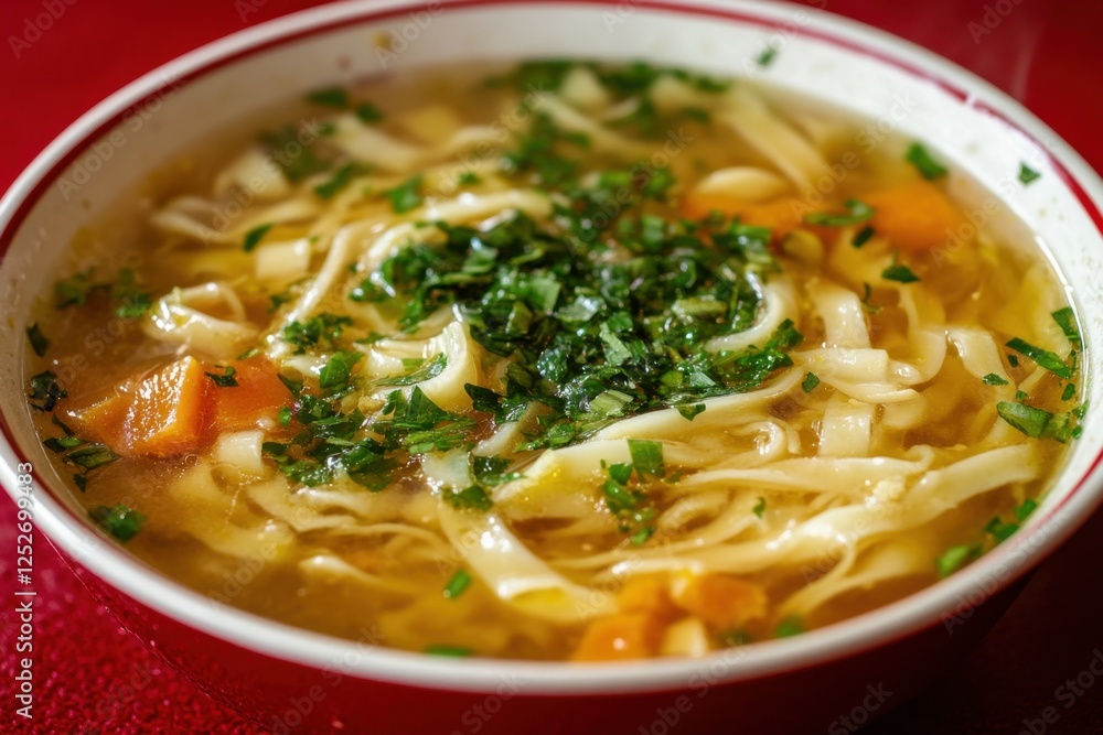 Bowl of delicious homemade chicken noodle soup with parsley Bowl of delicious homemade chicken noodle soup with parsley