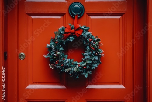 Festive red door adorned with a Christmas wreath and decorative ornaments dur...