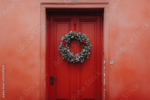 Festive red door adorned with a Christmas wreath and decorative ornaments dur...