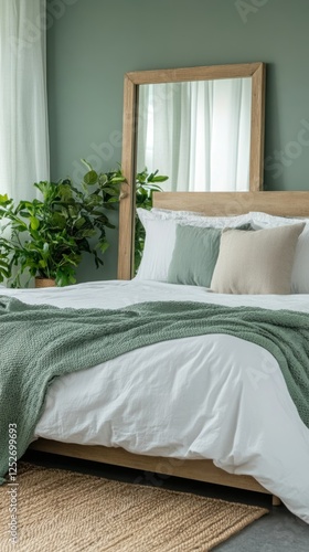 Modern bedroom with large mirror and vibrant greenery in natural sunlight