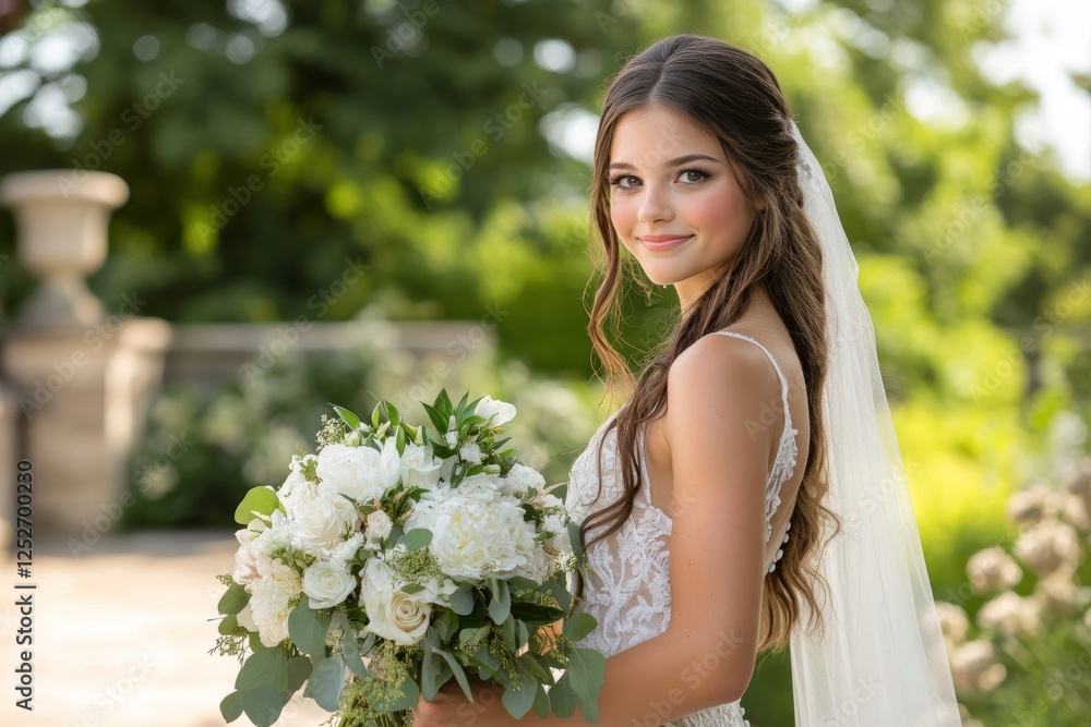 Fototapeta premium Young bride with bouquet outdoors in garden during daytime before wedding ceremony
