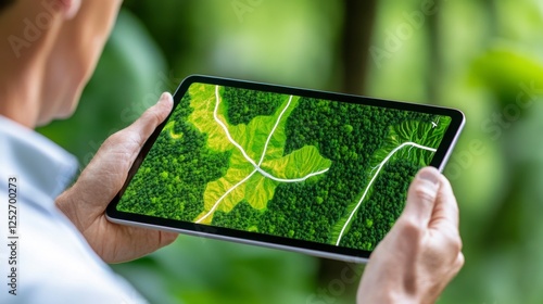 Person Viewing Aerial Map of Lush Green Forest on Digital Tablet