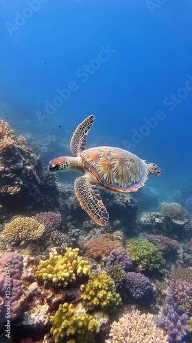 Beautiful sea turtle swimming gracefully over colorful coral reef in a vibran...