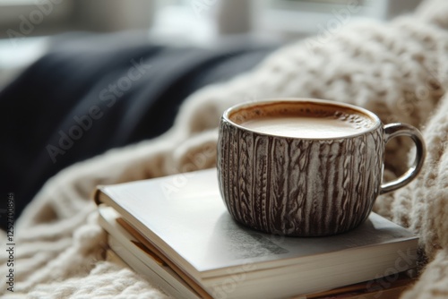 Cozy coffee moment with a book on a warm blanket in a serene indoor setting