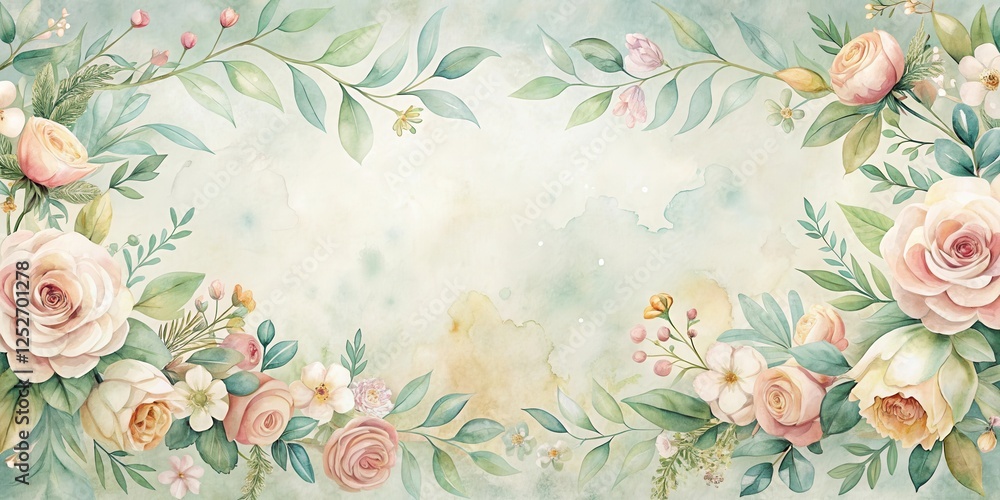 custom made wallpaper toronto digitalElegant Watercolor Floral Frame with Delicate Roses and Lush Greenery on a Soft Textured Background