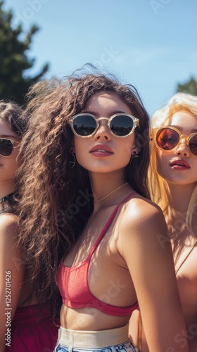 Young women enjoying summer sunlight while wearing stylish sunglasses at a vi...