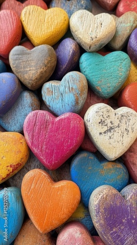 Colorful wooden hearts arranged in an artistic display on a blue wooden backg...