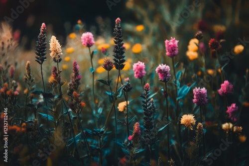 Colorful wildflowers blooming in a vast field at dusk under a cloudy sky