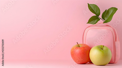 Pink backpack, apples, leaves, pink background; back to school