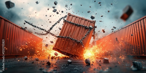 Cargo container breaking free from chains during global trade war