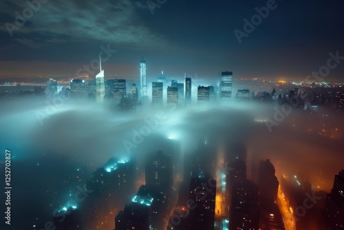 Nighttime city skyline with fog and illuminated buildings in urban setting