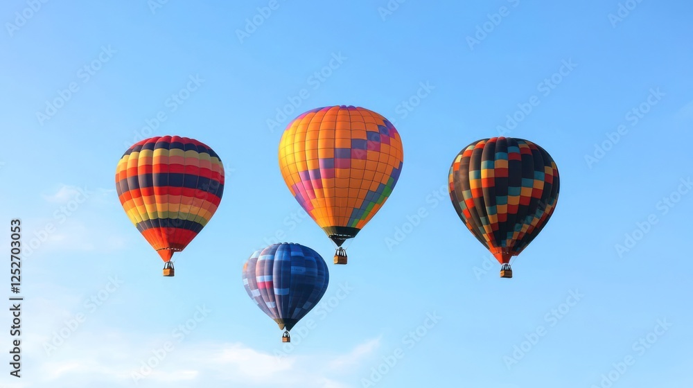 Four Colorful Hot Air Balloons Against A Vivid Blue Sky Four Colorful Hot Air Balloons Against A Vivid Blue Sky