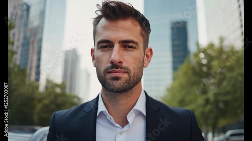 Businessman meditating city street calm
