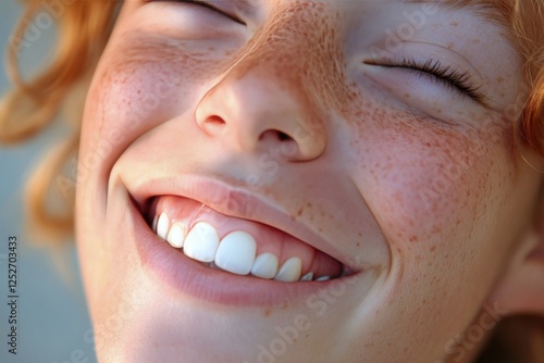 Bright smile of a woman showcasing healthy teeth on a sunny day