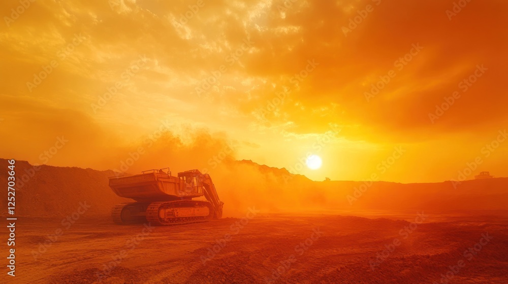 Excavator mining sunset dust quarry industrial Excavator mining sunset dust quarry industrial