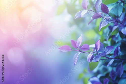Beautiful purple and green leaves illuminated by soft sunlight in a serene ga...