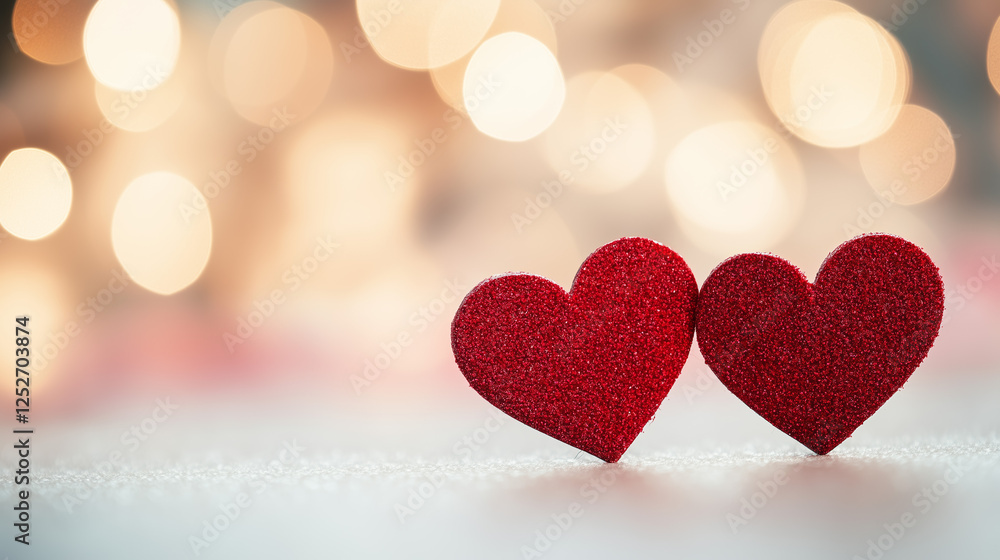 Two glittering red hearts standing on soft background with bokeh lights, symbolizing love and romantic connection, perfect for Valentine’s Day or engagement Two glittering red hearts standing on soft background with bokeh lights, symbolizing love and romantic connection, perfect for Valentine’s Day or engagement