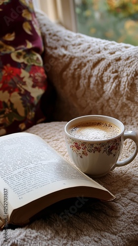 Cozy afternoon with a book and warm beverage on a knitted blanket