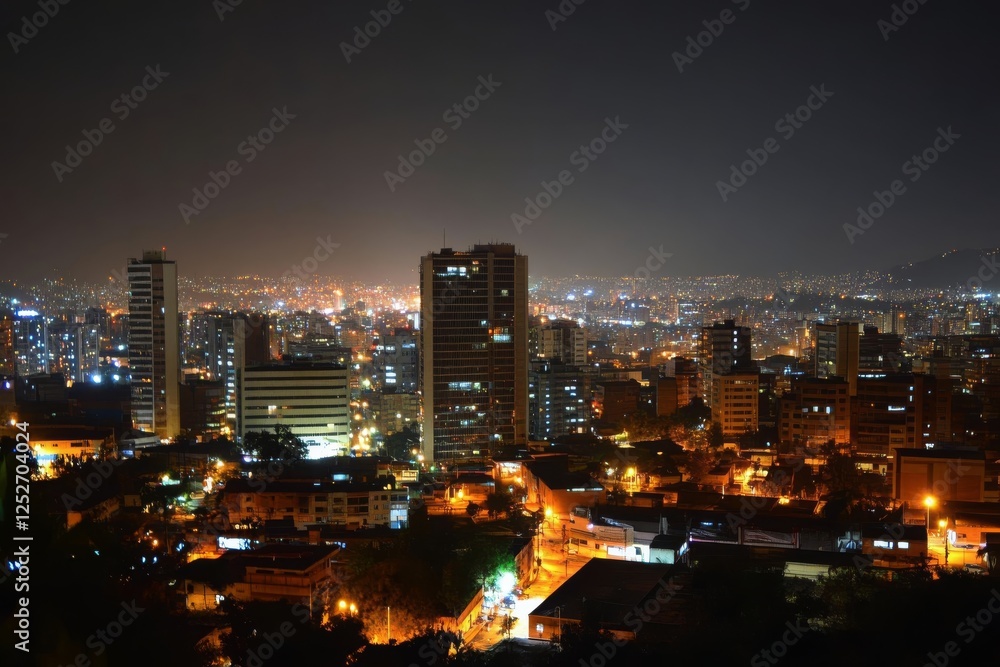 Fototapeta premium City skyline illuminated at night showcasing vibrant buildings and forested foreground
