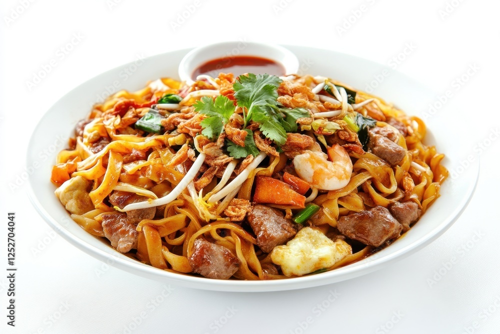Stir fried noodles with shrimp pork and vegetables on white Stir fried noodles with shrimp pork and vegetables on white